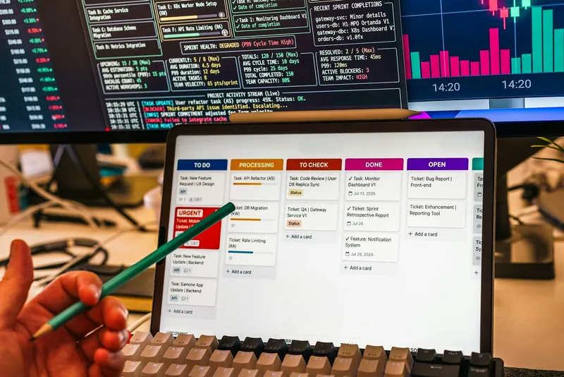 A delivery board on a tablet beside live system dashboards