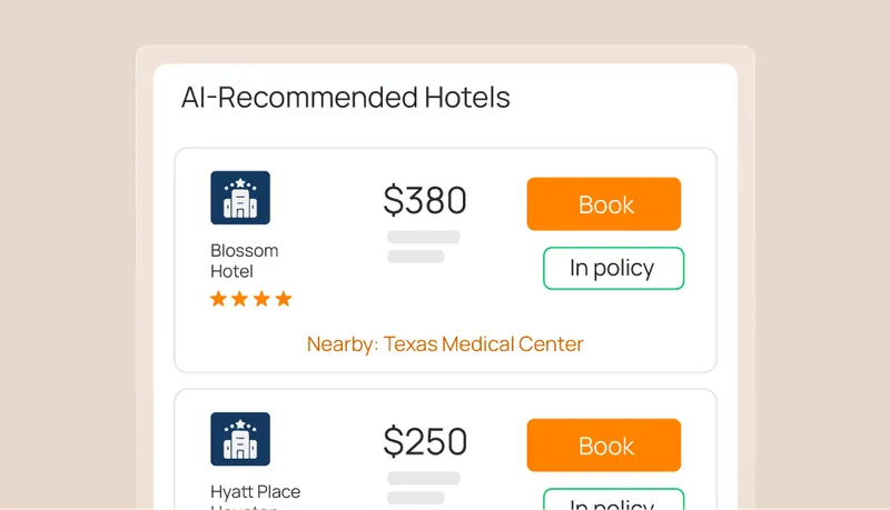 AI-recommended hotels marked in policy, near the traveller’s meeting