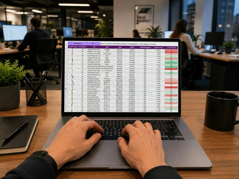 Hands entering data into a spreadsheet on a laptop