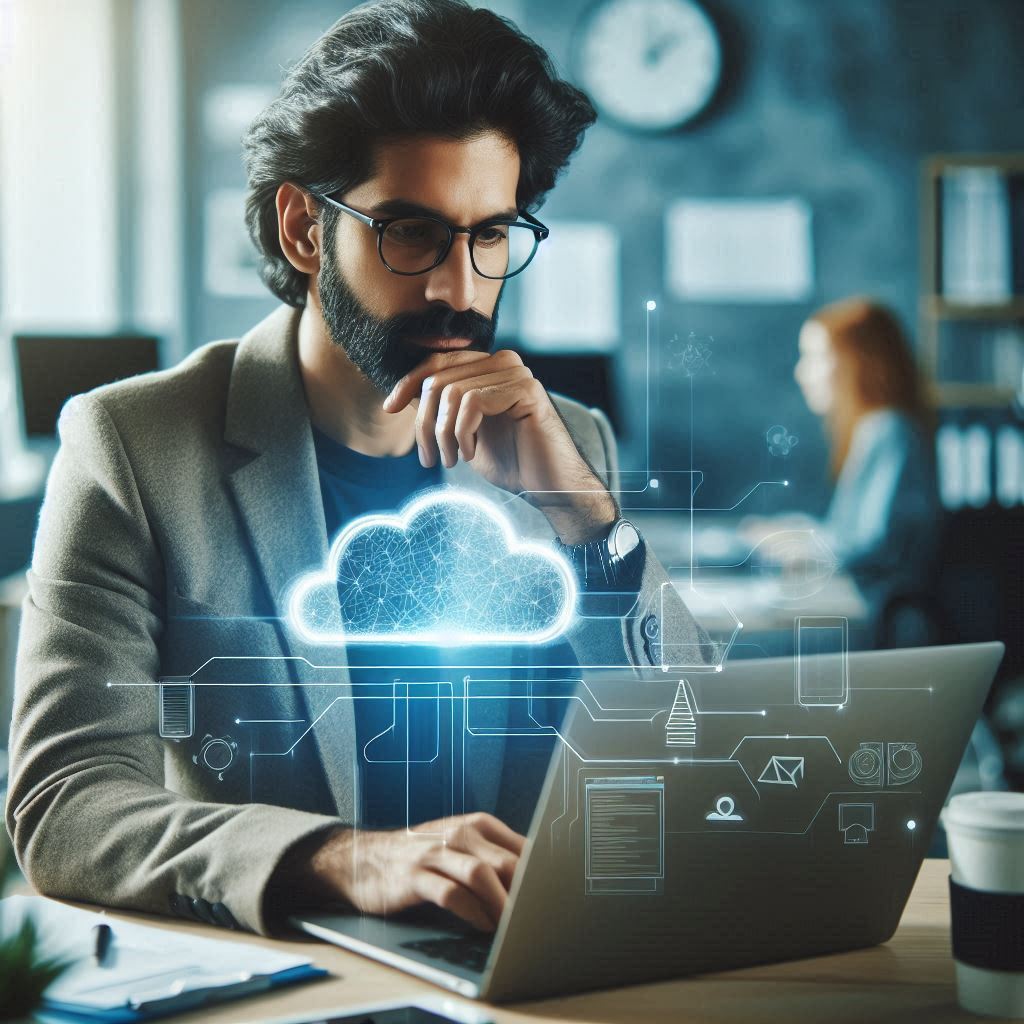 A senior web developer working on a cloud system model on his laptop in his office with a tech backg
